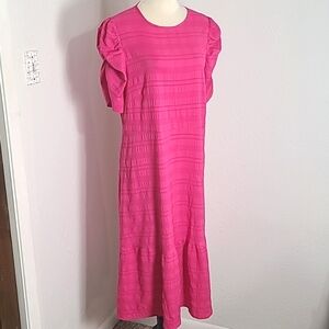 Pink Midi-Dress, Ruffled & Ruched Puff Sleeves, Ruffled Bottom, Size 2X